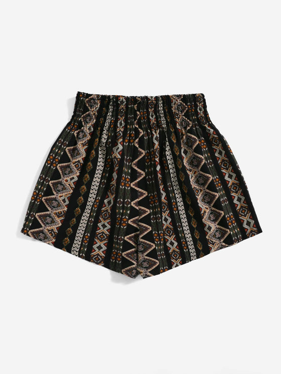 Shirred Waist Geo Print Shorts