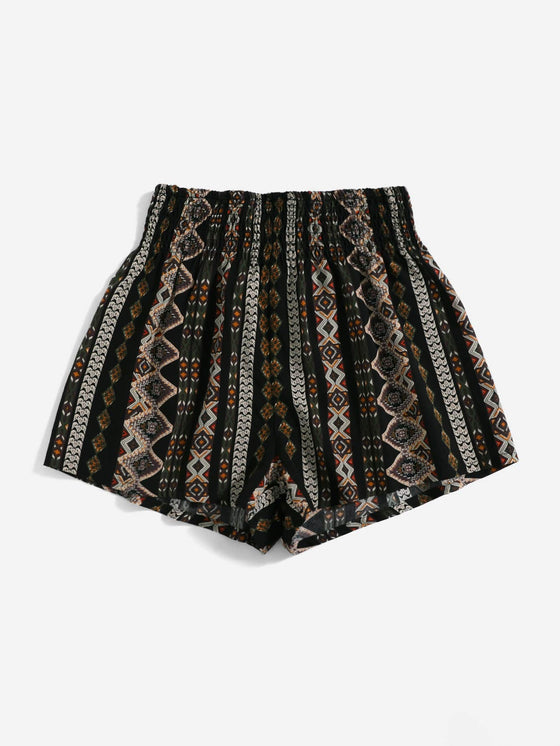 Shirred Waist Geo Print Shorts