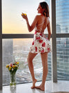 Draped Lace Up Backless Floral Print Slip Dress