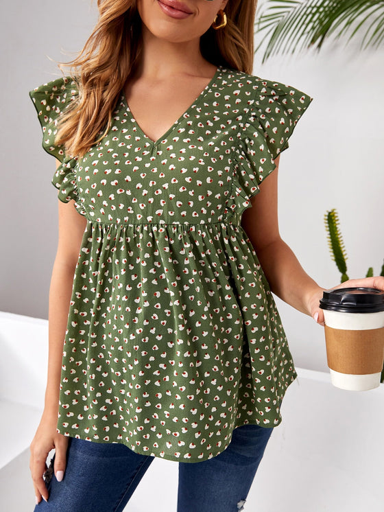Maternity Allover Print V neck Ruffle Armhole Top