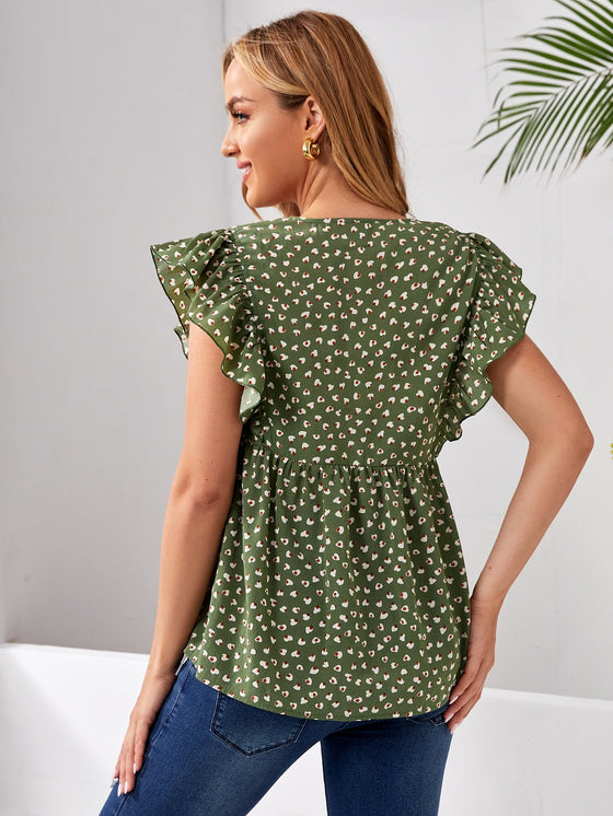 Maternity Allover Print V neck Ruffle Armhole Top