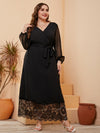 Plus Swiss Dot Eyelash Lace Panel Belted Dress