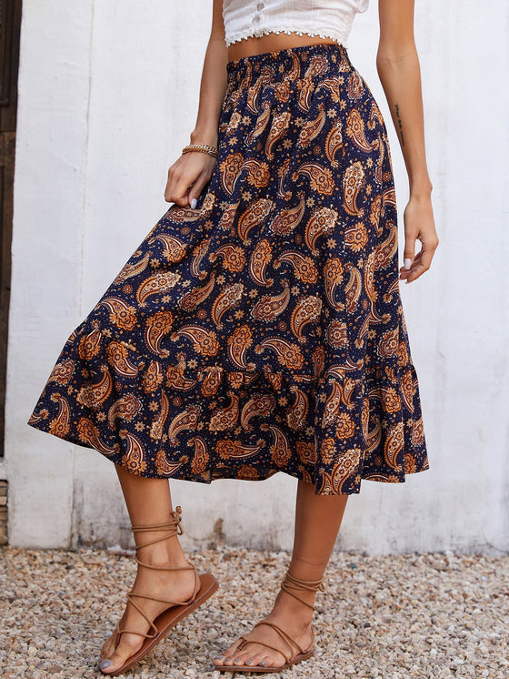 Paisley Floral Print Ruffle Hem Skirt