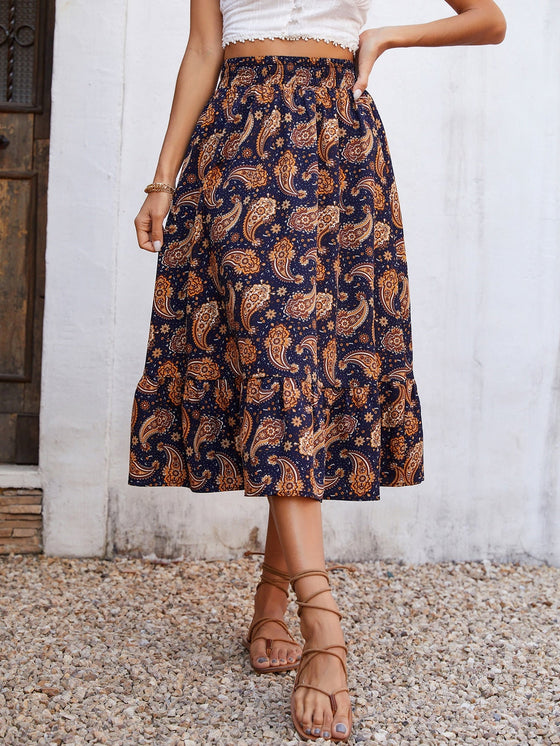 Paisley Floral Print Ruffle Hem Skirt