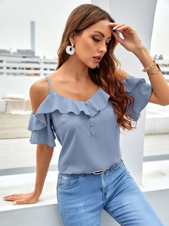 Ruffle Trim Cold Shoulder Blouse