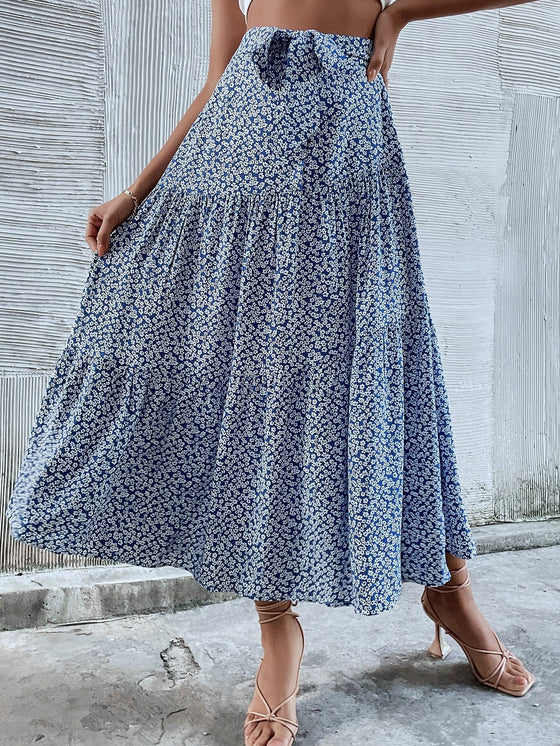 Ditsy Floral Tie Waist Ruffle Hem Skirt