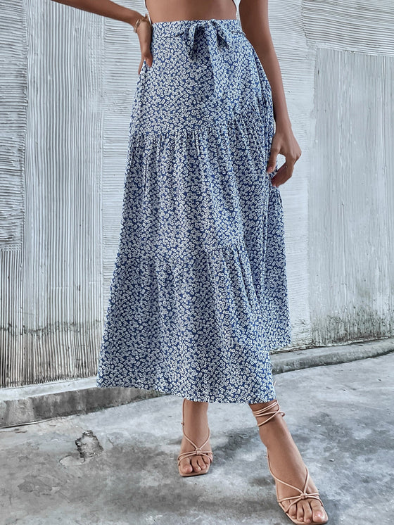 Ditsy Floral Tie Waist Ruffle Hem Skirt
