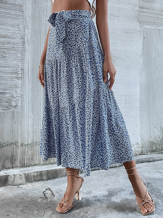 Ditsy Floral Tie Waist Ruffle Hem Skirt