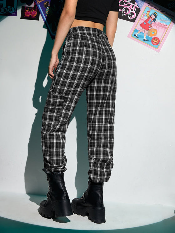 ROMWE Plaid Dual Pocket Pants With Chain