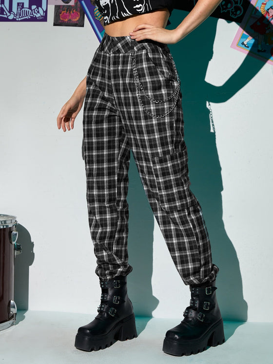 ROMWE Plaid Dual Pocket Pants With Chain