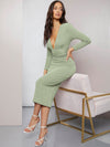 Plunging Neck Ruched Waist Bodycon Dress