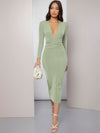 Plunging Neck Ruched Waist Bodycon Dress