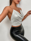 Draped Collar Chain Detail Tie Backless Glitter Halter Top