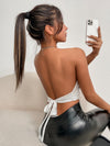Draped Collar Chain Detail Tie Backless Glitter Halter Top