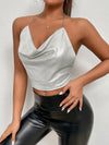 Draped Collar Chain Detail Tie Backless Glitter Halter Top