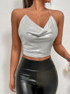 Draped Collar Chain Detail Tie Backless Glitter Halter Top