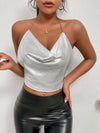 Draped Collar Chain Detail Tie Backless Glitter Halter Top