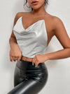 Draped Collar Chain Detail Tie Backless Glitter Halter Top