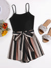 Plus Striped Paneled Self Belted Cami Romper