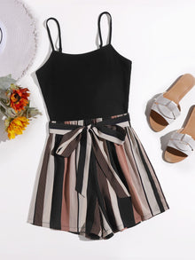  Plus Striped Paneled Self Belted Cami Romper