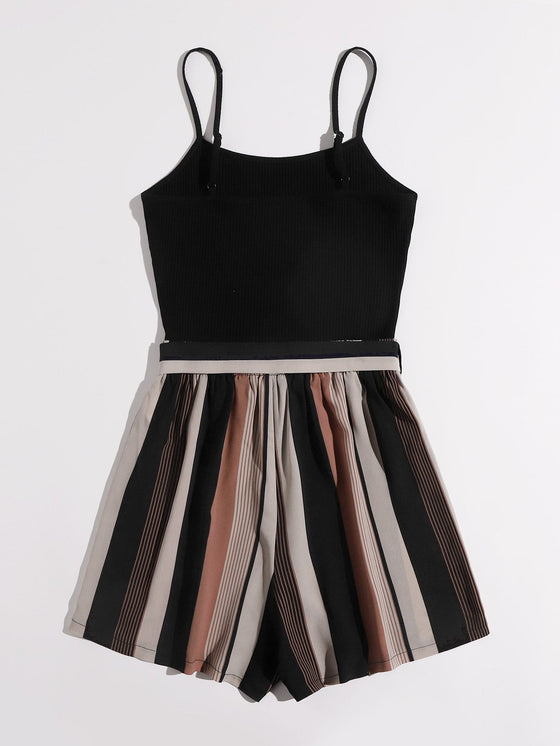 Plus Striped Paneled Self Belted Cami Romper