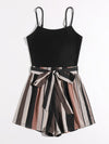 Plus Striped Paneled Self Belted Cami Romper
