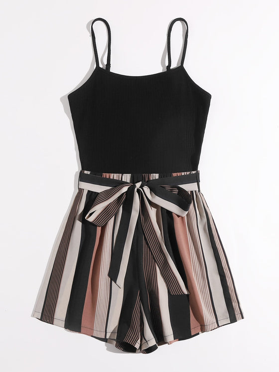 Plus Striped Paneled Self Belted Cami Romper