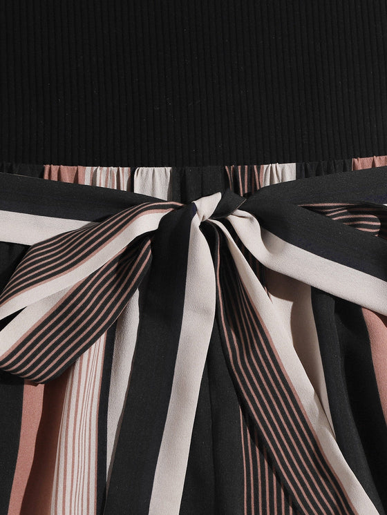 Plus Striped Paneled Self Belted Cami Romper