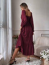 Square Neck Shirred Ruffle Hem Dress