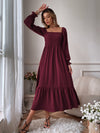 Square Neck Shirred Ruffle Hem Dress