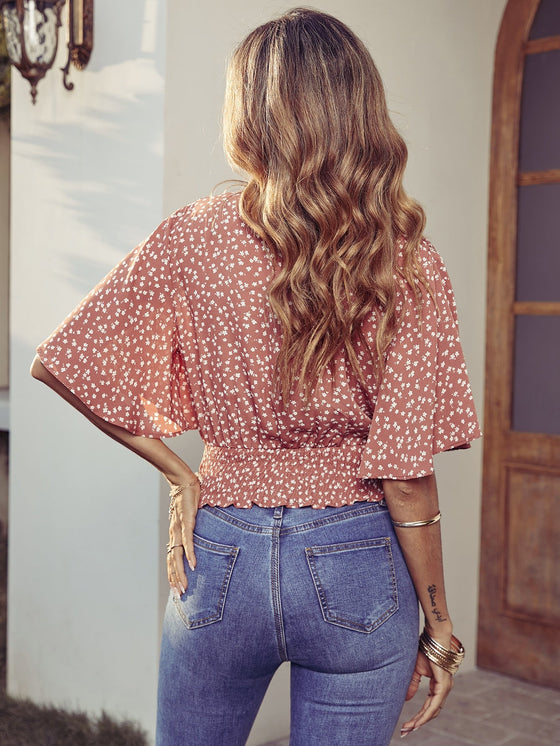 Ditsy Floral Butterfly Sleeve Shirred Blouse
