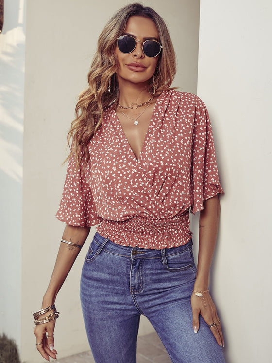 Ditsy Floral Butterfly Sleeve Shirred Blouse