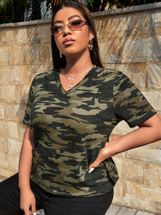Plus Camo Print V Neck Tee
