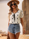 Swiss Dot Fuzzy Puff Sleeve Knot Front Chiffon Blouse