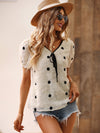 Swiss Dot Fuzzy Puff Sleeve Knot Front Chiffon Blouse