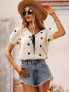 Swiss Dot Fuzzy Puff Sleeve Knot Front Chiffon Blouse