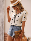 Swiss Dot Fuzzy Puff Sleeve Knot Front Chiffon Blouse