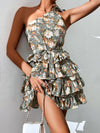 Random Floral Print One Shoulder Layered Hem Belted Dress
