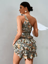 Random Floral Print One Shoulder Layered Hem Belted Dress