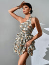 Random Floral Print One Shoulder Layered Hem Belted Dress