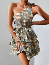 Random Floral Print One Shoulder Layered Hem Belted Dress