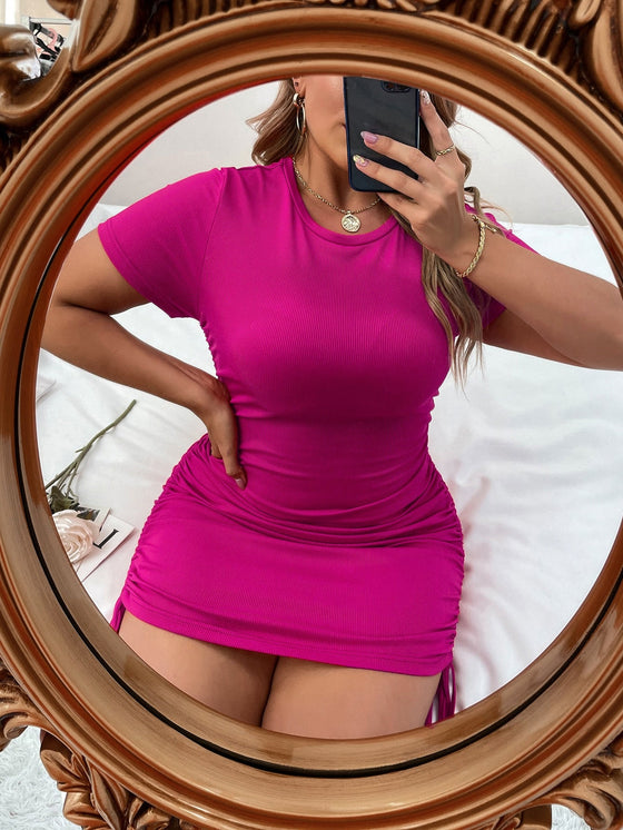 Plus Solid Drawstring Ruched Side Dress