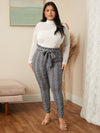 Plus Plaid Print Paperbag Waist Knot Front Skinny Pants