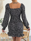 Ditsy Floral Lantern Sleeve Ruched Ruffle Hem Bodycon Dress