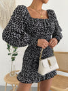 Ditsy Floral Lantern Sleeve Ruched Ruffle Hem Bodycon Dress
