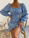 Ditsy Floral Lantern Sleeve Ruched Ruffle Hem Bodycon Dress