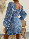 Ditsy Floral Lantern Sleeve Ruched Ruffle Hem Bodycon Dress