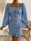 Ditsy Floral Lantern Sleeve Ruched Ruffle Hem Bodycon Dress
