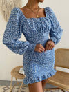 Ditsy Floral Lantern Sleeve Ruched Ruffle Hem Bodycon Dress