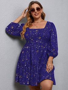  Plus Star Print Bishop Sleeve Ruffle Hem Dress